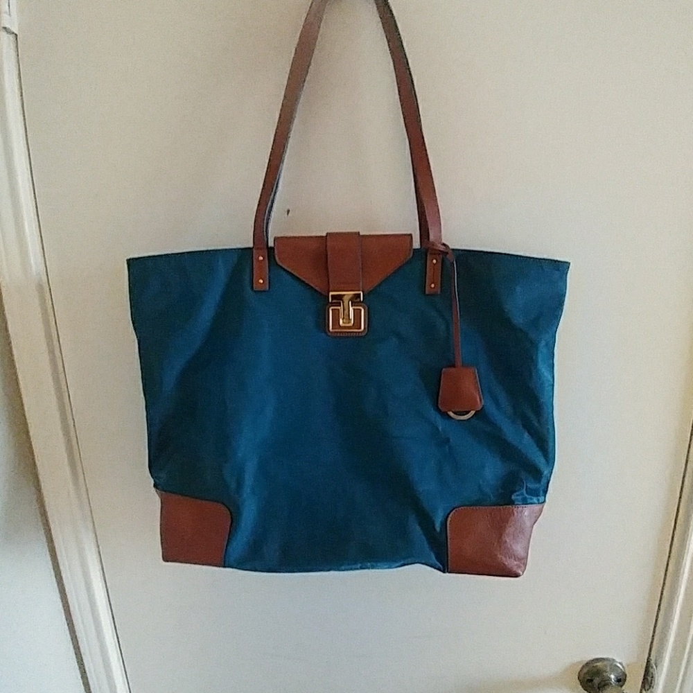 Turquoise and Brown Accent Tote Tory Burch Purse